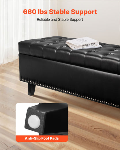 Knappknäppt förvaringsbänk, PU-läderbänk med förvaring och ben i massivt trä, moderna skobänkar för entrén, stoppade sänggavelbänkar för vardagsrum, matsal, svart