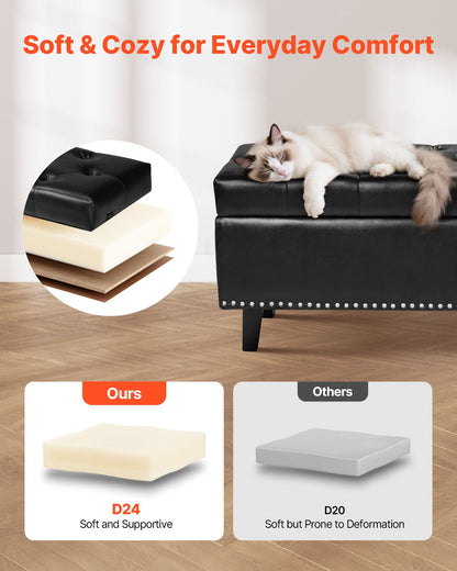 Knappknäppt förvaringsbänk, PU-läderbänk med förvaring och ben i massivt trä, moderna skobänkar för entrén, stoppade sänggavelbänkar för vardagsrum, matsal, svart