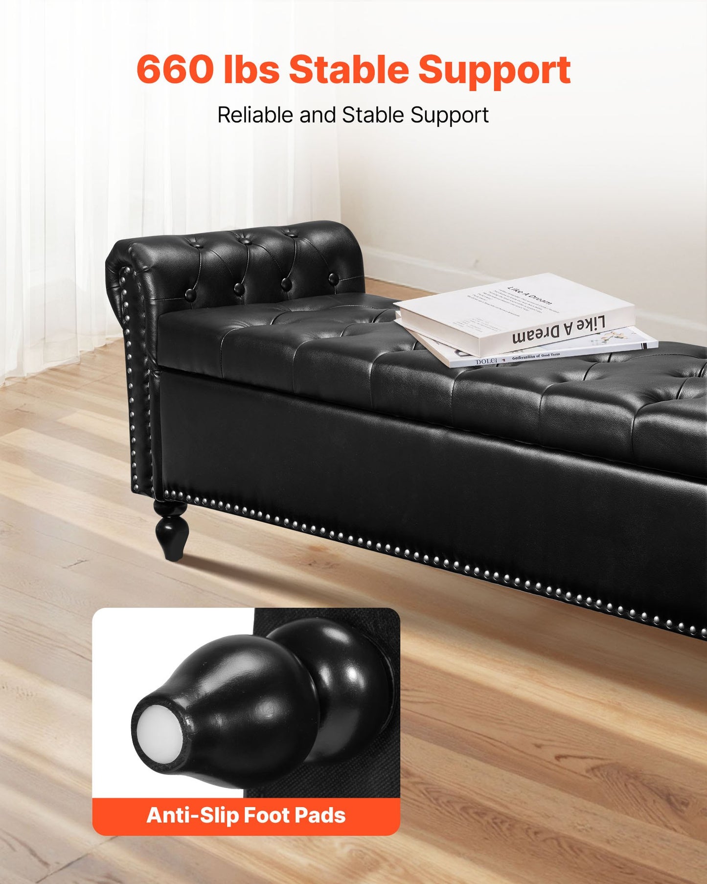 Button-Tufted Storage Ottoman Bench, Rolled Arm PU Leather Bench with Solid Wood Legs, Modern Shoe Benches Seat for Entryway, Upholstered End of Bed Benches for Living Room, Dining Room, Black