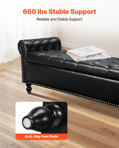 Button-Tufted Storage Ottoman Bench, Rolled Arm PU Leather Bench with Solid Wood Legs, Modern Shoe Benches Seat for Entryway, Upholstered End of Bed Benches for Living Room, Dining Room, Black