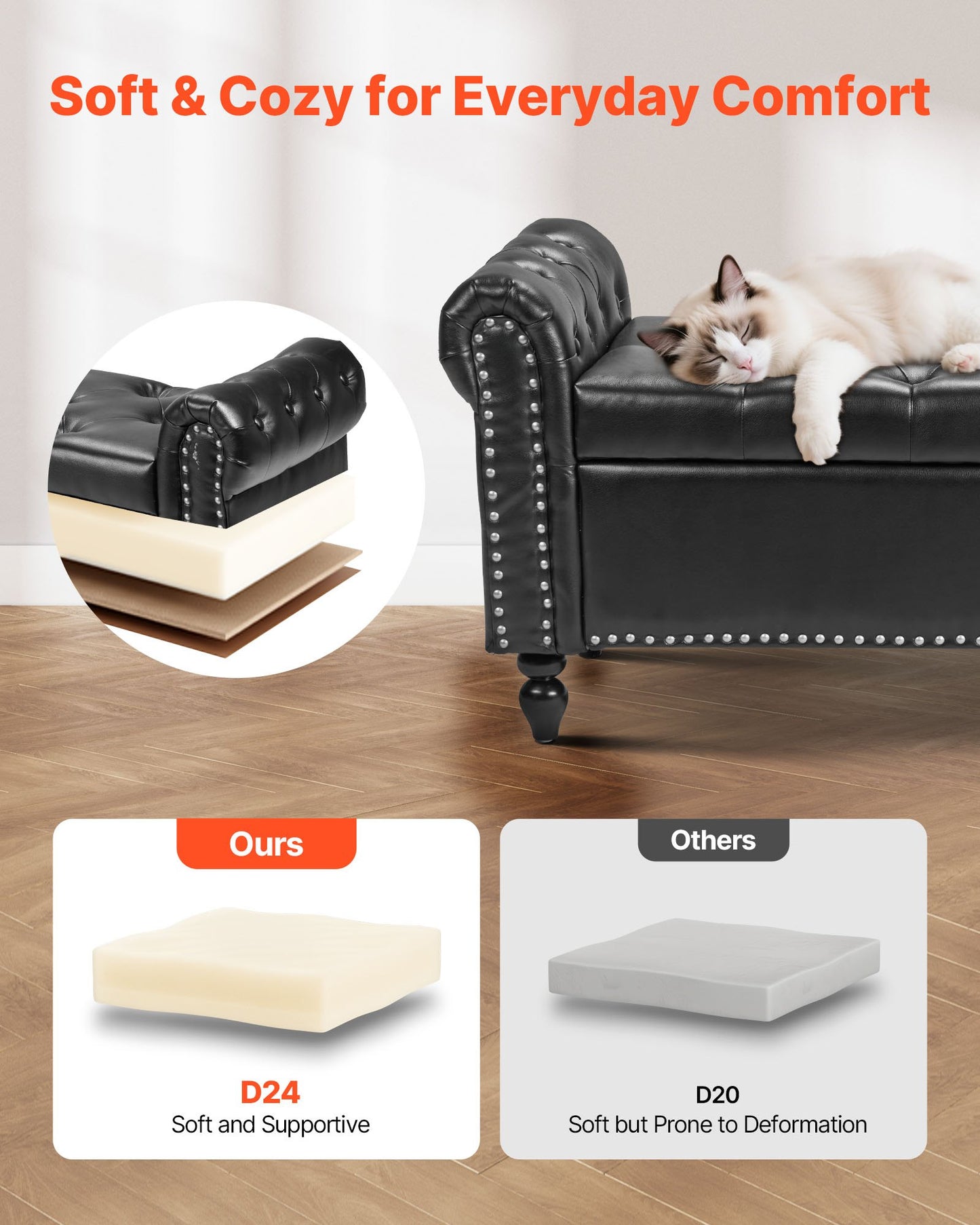 Button-Tufted Storage Ottoman Bench, Rolled Arm PU Leather Bench with Solid Wood Legs, Modern Shoe Benches Seat for Entryway, Upholstered End of Bed Benches for Living Room, Dining Room, Black