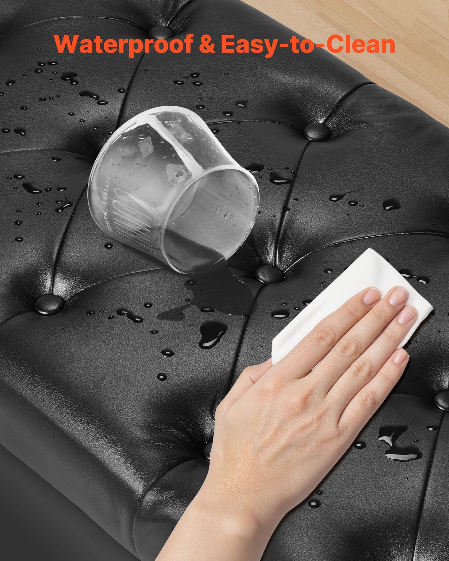 Button-Tufted Storage Ottoman Bench, Rolled Arm PU Leather Bench with Solid Wood Legs, Modern Shoe Benches Seat for Entryway, Upholstered End of Bed Benches for Living Room, Dining Room, Black