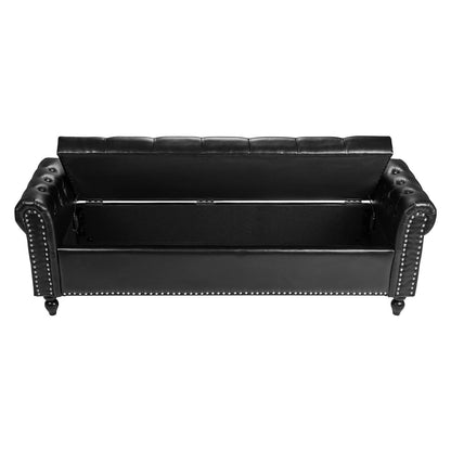 Button-Tufted Storage Ottoman Bench, Rolled Arm PU Leather Bench with Solid Wood Legs, Modern Shoe Benches Seat for Entryway, Upholstered End of Bed Benches for Living Room, Dining Room, Black