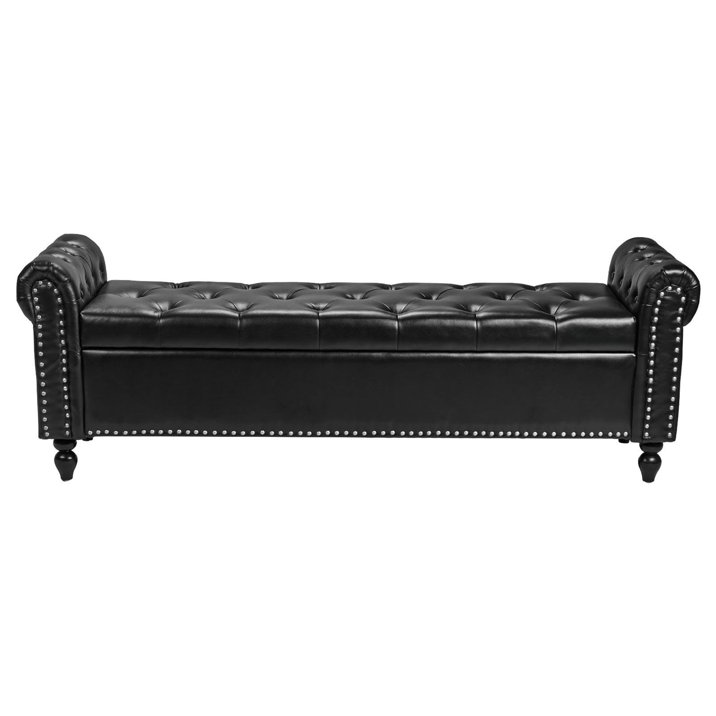 Button-Tufted Storage Ottoman Bench, Rolled Arm PU Leather Bench with Solid Wood Legs, Modern Shoe Benches Seat for Entryway, Upholstered End of Bed Benches for Living Room, Dining Room, Black