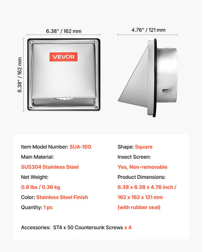 97mm External Extractor Wall Vent Cover, Square AC Vent Gable Cover, Premium Stainless Steel & with Built-in a Protection Screen, for House,Bathroom,Garage,Kitchen,Basement (1 Pack, Silver)