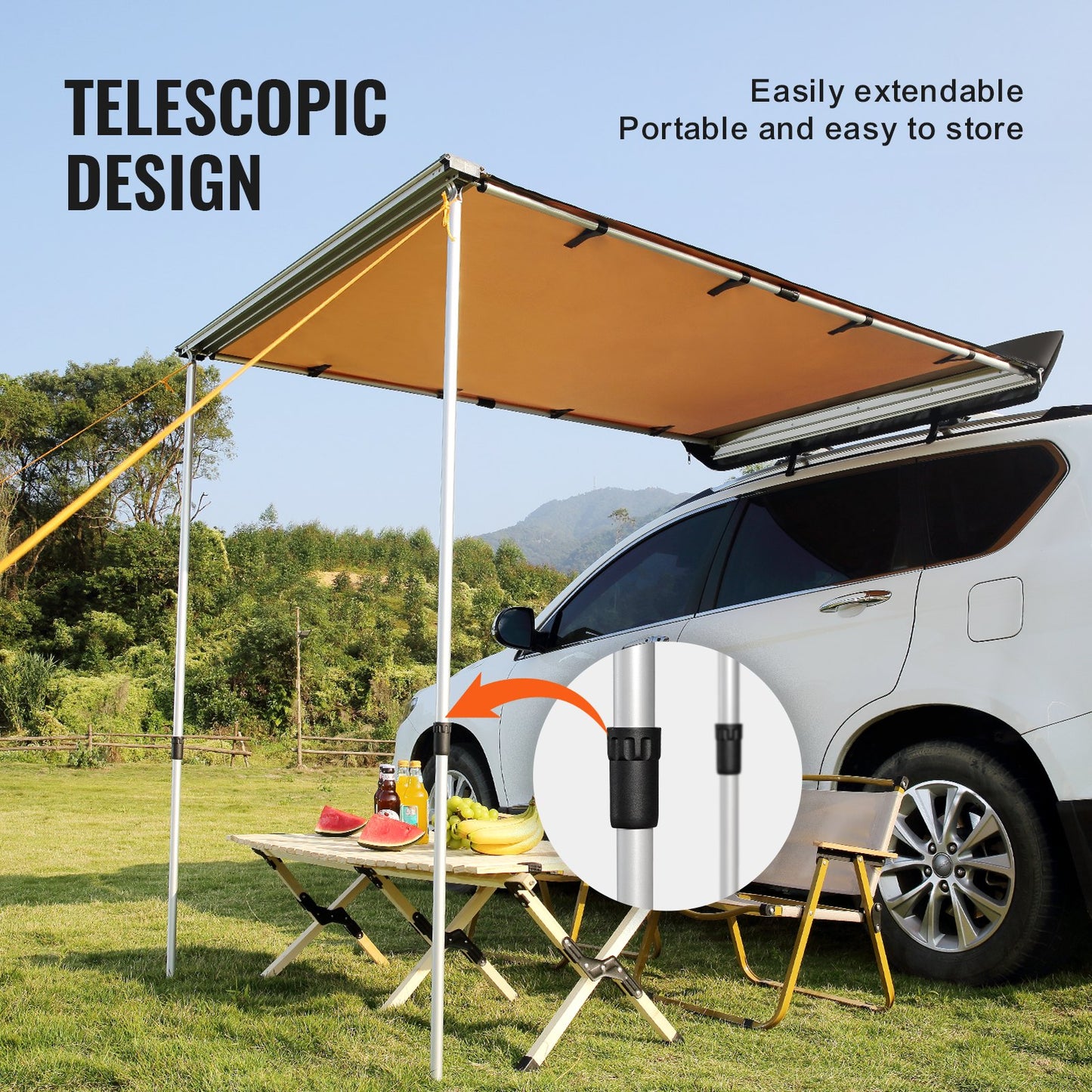 Car Side Awning, Large 4.6'x6.6' Shade Coverage Vehicle Awning, PU3000mm UV50+ Retractable Car Awning with Waterproof Storage Bag, Suitable for Truck, SUV, Van, Campers