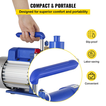 Vakuumpump, 10CFM 1 hk, tvåstegs roterande lamellvakuumpump, 220V 5 PA anläggning HVAC köldmedium luftverktyg för HVAC, automatisk AC köldmediepåfyllning, vinavgasning och livsmedelsbearbetning, blå