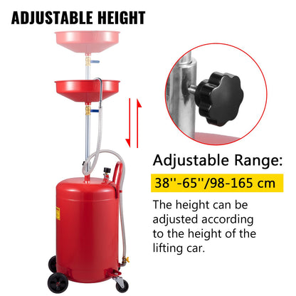 Waste Oil Drain Tank 80 L Portable Oil Drain Air Operated Drainer Oil Change, Oil Drain Container, Fluid Fuel Transfer Drainage Adjustable Funnel Height, with Wheel for Easy Oil Removal