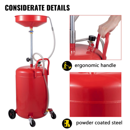 Waste Oil Drain Tank 80 L Portable Oil Drain Air Operated Drainer Oil Change, Oil Drain Container, Fluid Fuel Transfer Drainage Adjustable Funnel Height, with Wheel for Easy Oil Removal