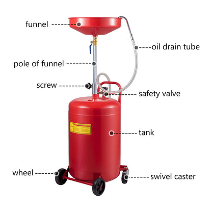 Waste Oil Drain Tank 80 L Portable Oil Drain Air Operated Drainer Oil Change, Oil Drain Container, Fluid Fuel Transfer Drainage Adjustable Funnel Height, with Wheel for Easy Oil Removal