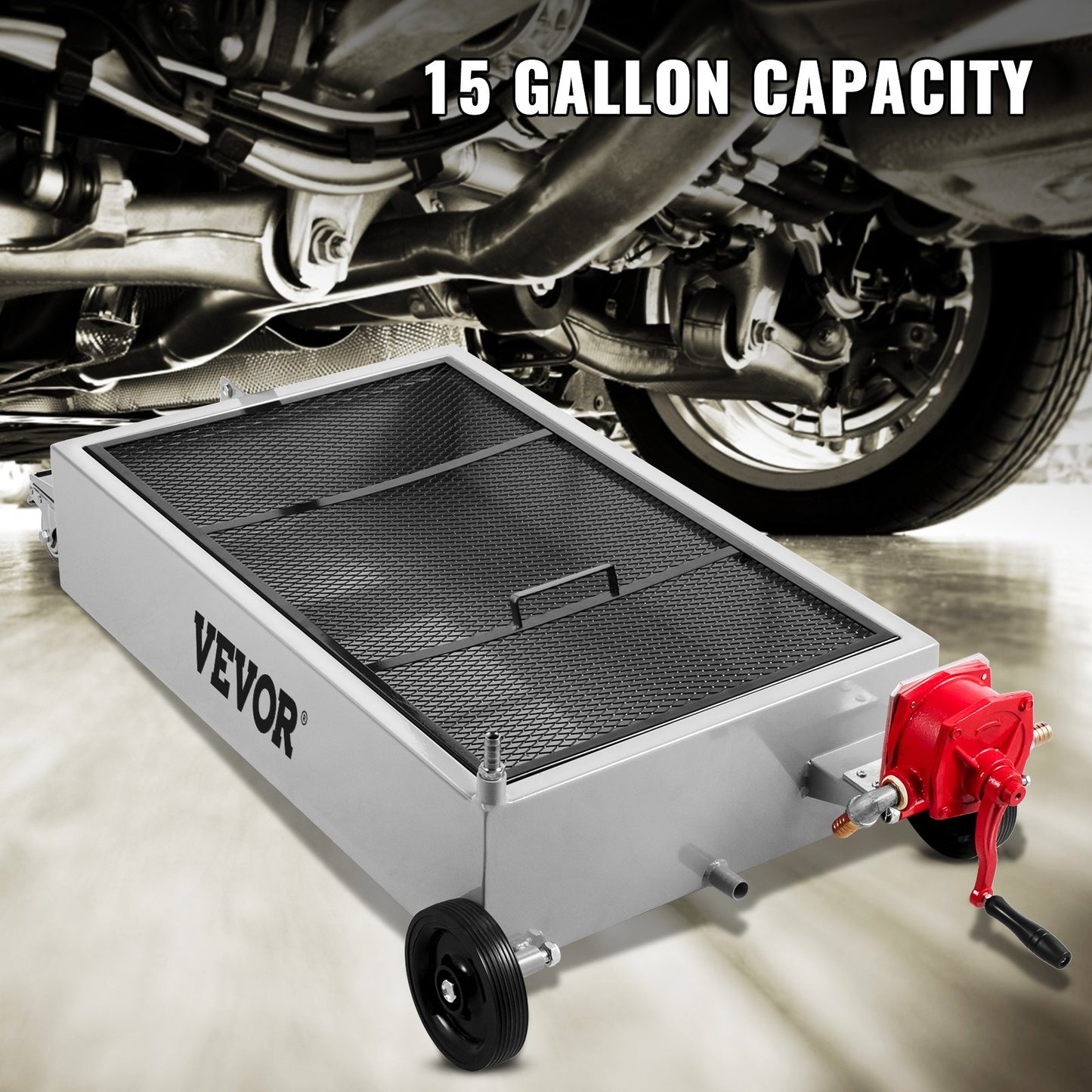 Oil Drain Pan 15 Gallon Oil Drain Tank, 57L Low Profile Oil Drain Pan, Large Capacity Oil Change Pan, Foldable Hand, with Pump, Hose, Swivel Casters Wheels for Car, SUV, Trucks Oil Draining
