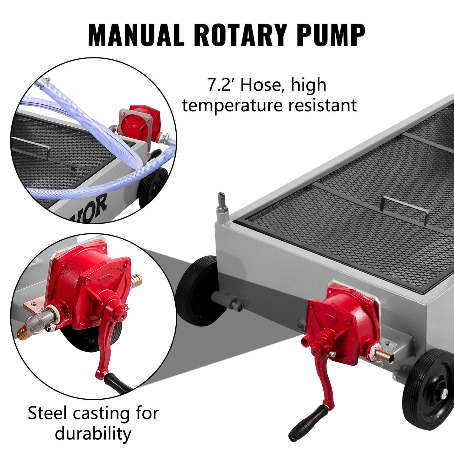 Oil Drain Pan 15 Gallon Oil Drain Tank, 57L Low Profile Oil Drain Pan, Large Capacity Oil Change Pan, Foldable Hand, with Pump, Hose, Swivel Casters Wheels for Car, SUV, Trucks Oil Draining