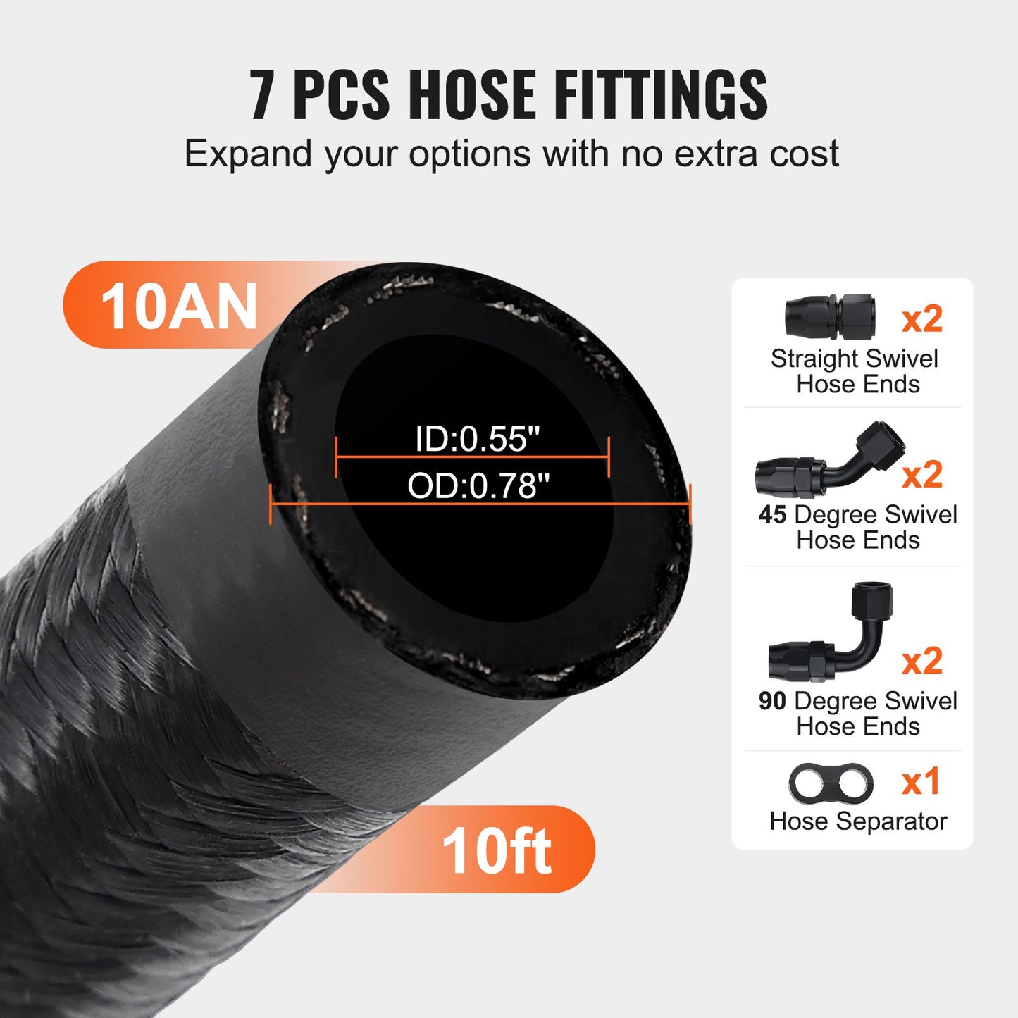 10AN bränsleledningssats, 10 FT bränsleslangsats, 0,55" nylonflätad rostfri stålflätad bränsleledning för olja/gas/diesel slangändkopplingssats, med 7-delat svängbart kopplingsadaptersats, svart