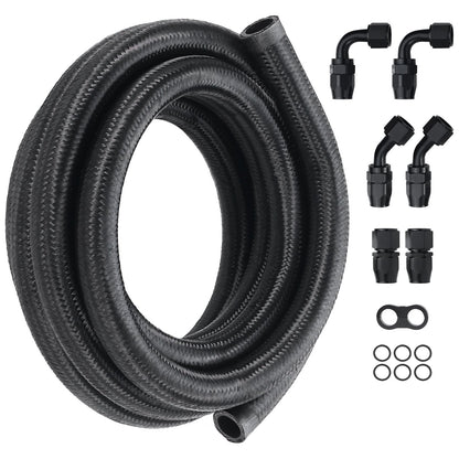 10AN bränsleledningssats, 10 FT bränsleslangsats, 0,55" nylonflätad rostfri stålflätad bränsleledning för olja/gas/diesel slangändkopplingssats, med 7-delat svängbart kopplingsadaptersats, svart