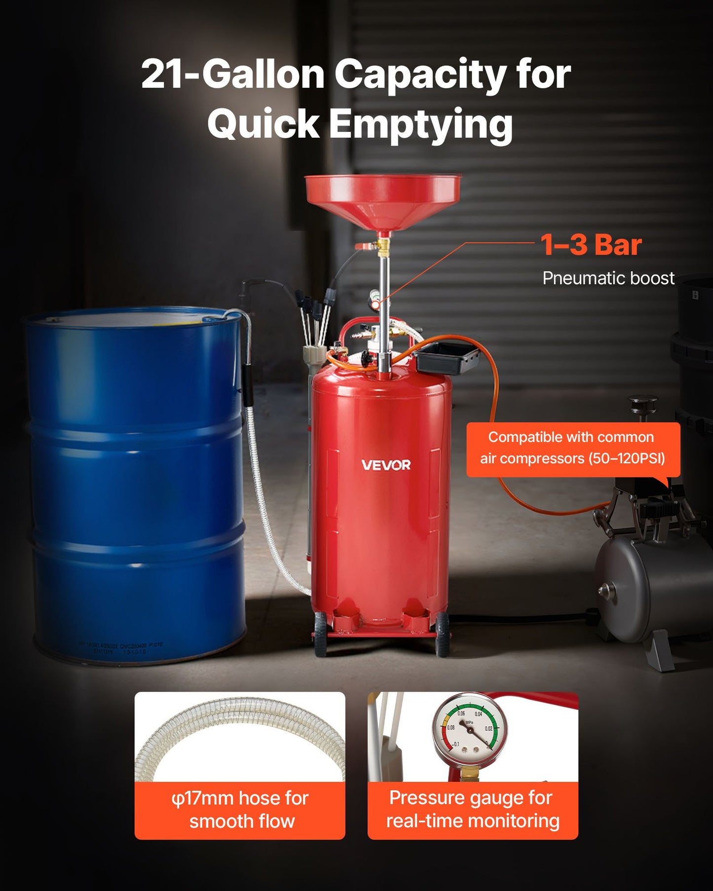 79,5 l spilloljeavtappningstank, luftdriven bärbar oljetömningstank med justerbar tratthöjd, industriell vätskeavtappningstank med hjul, dränering för vätskeöverföring av bränsle för bilverkstäder, röd