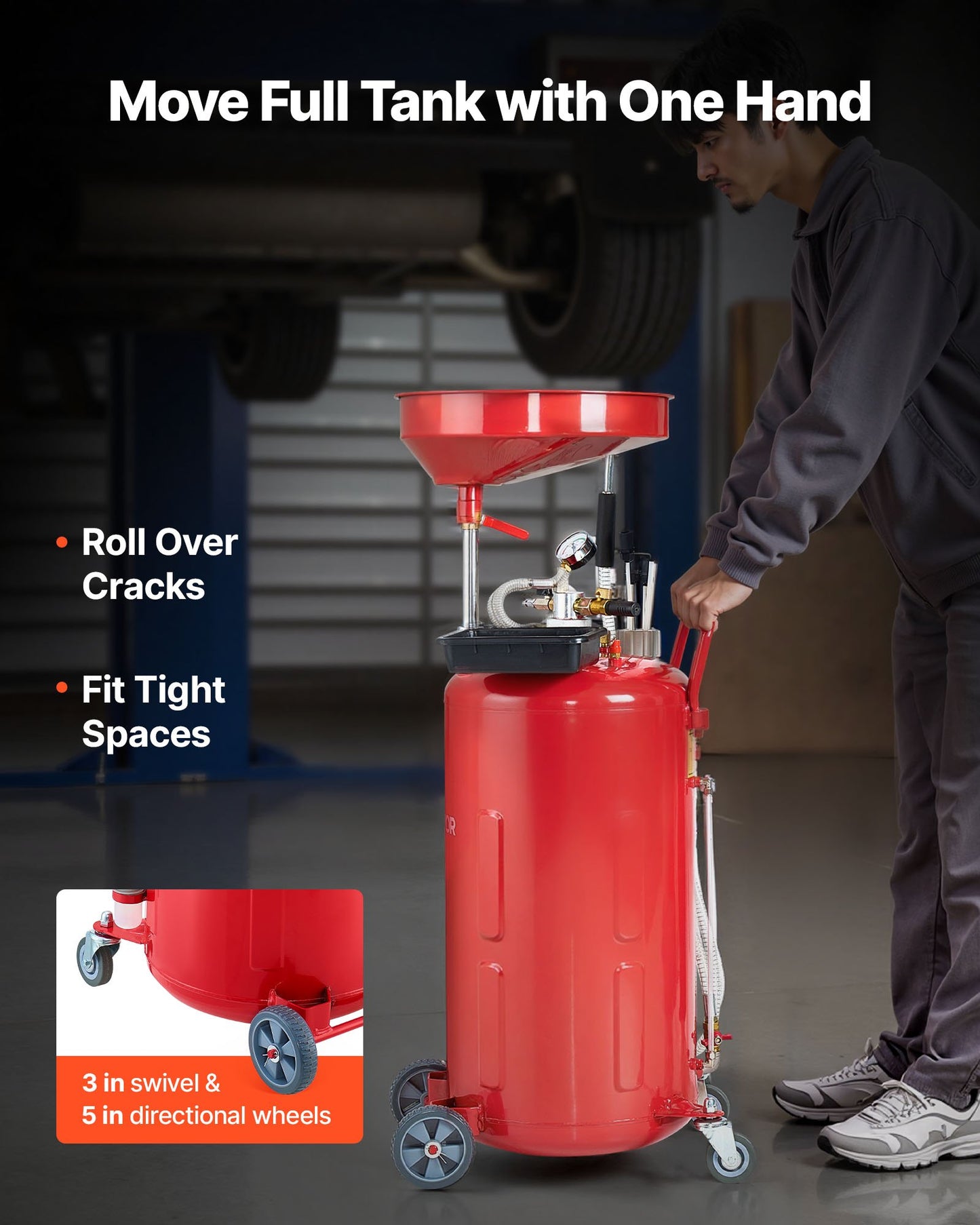 79,5 l spilloljeavtappningstank, luftdriven bärbar oljetömningstank med justerbar tratthöjd, industriell vätskeavtappningstank med hjul, dränering för vätskeöverföring av bränsle för bilverkstäder, röd