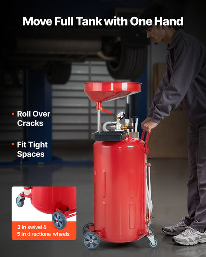 79,5 l spilloljeavtappningstank, luftdriven bärbar oljetömningstank med justerbar tratthöjd, industriell vätskeavtappningstank med hjul, dränering för vätskeöverföring av bränsle för bilverkstäder, röd