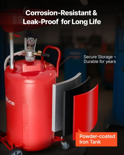 79,5 l spilloljeavtappningstank, luftdriven bärbar oljetömningstank med justerbar tratthöjd, industriell vätskeavtappningstank med hjul, dränering för vätskeöverföring av bränsle för bilverkstäder, röd