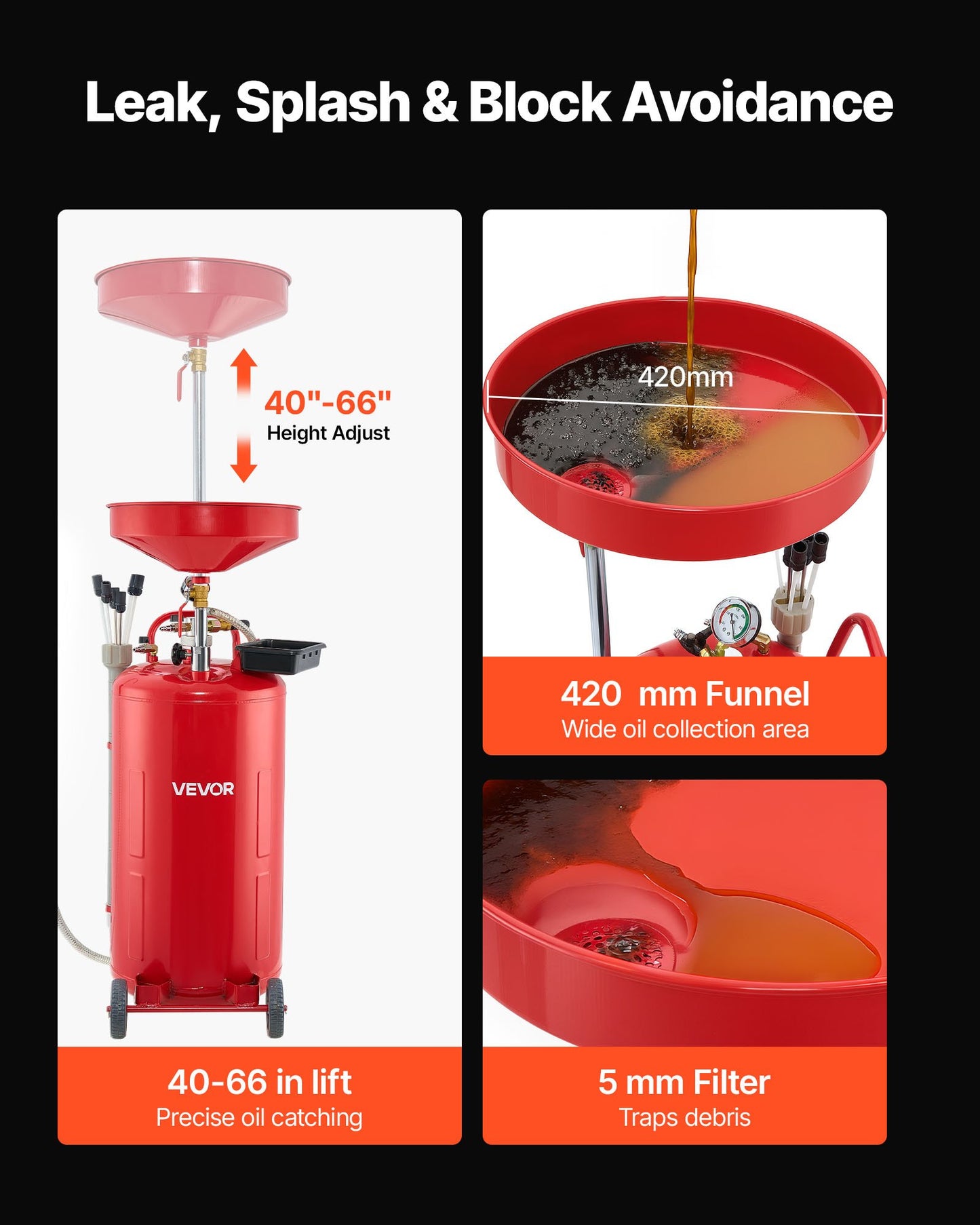 79,5 l spilloljeavtappningstank, luftdriven bärbar oljetömningstank med justerbar tratthöjd, industriell vätskeavtappningstank med hjul, dränering för vätskeöverföring av bränsle för bilverkstäder, röd