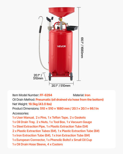 79,5 l spilloljeavtappningstank, luftdriven bärbar oljetömningstank med justerbar tratthöjd, industriell vätskeavtappningstank med hjul, dränering för vätskeöverföring av bränsle för bilverkstäder, röd