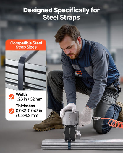 Pneumatisk stålbandningsmaskin, 8500 N spänningskraft, metallbandningsverktyg, spännare och skärförslutare för 32 mm breda metallband, kraftig delad balpress för höghållfast förpackning