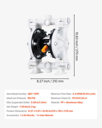 Air Operated Double Diaphragm Pump, 16.66 LPM Max, Standard Inlet & Outlet Air Pneumatic Waste Oil Transfer Pump, Polypropylene Body, Dual Diaphragms, for Diesel, Grease, Kerosene, Gasoline