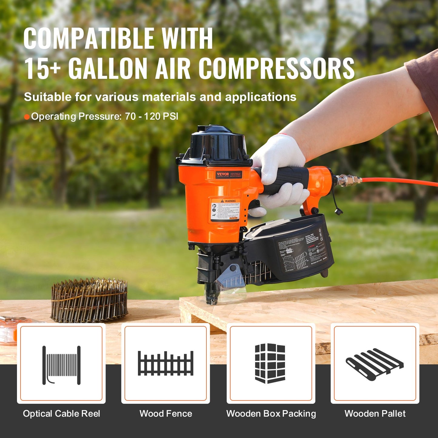 Coil Siding Nailer MCN55, 1 inch to 2-1/4 inch 15 Degree Pneumatic Siding Nail Gun, 70-120PSI Air Coil Nailer for Siding, Pallet Sheathing, Fencing, Decking