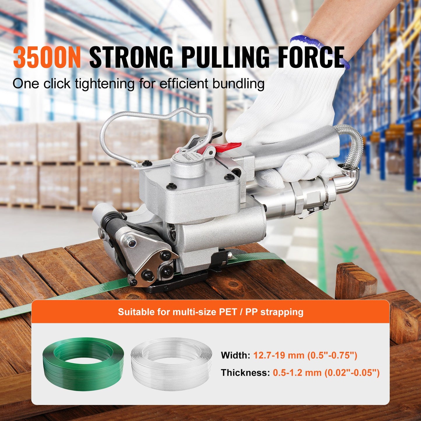 Pneumatic Strapping Tool, for 1/2"-3/4" PP & PET Plastic Belt, Packaging Strapping Machine, Handheld Baler Automatic Packaging Machine with 3500N Max Tension, Portable Banding Strapping Kit