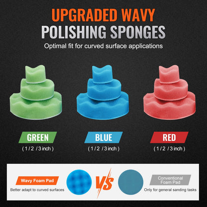 Miniluftslip, 2,5/5,1/7,6 cm excenterluftslip, 15000 r/min höghastighets mini pneumatisk slip och polermaskin för bilkarosseri, 58 delar luftdriven slipmaskin med vågiga svampar, sandpapper, ullrondell