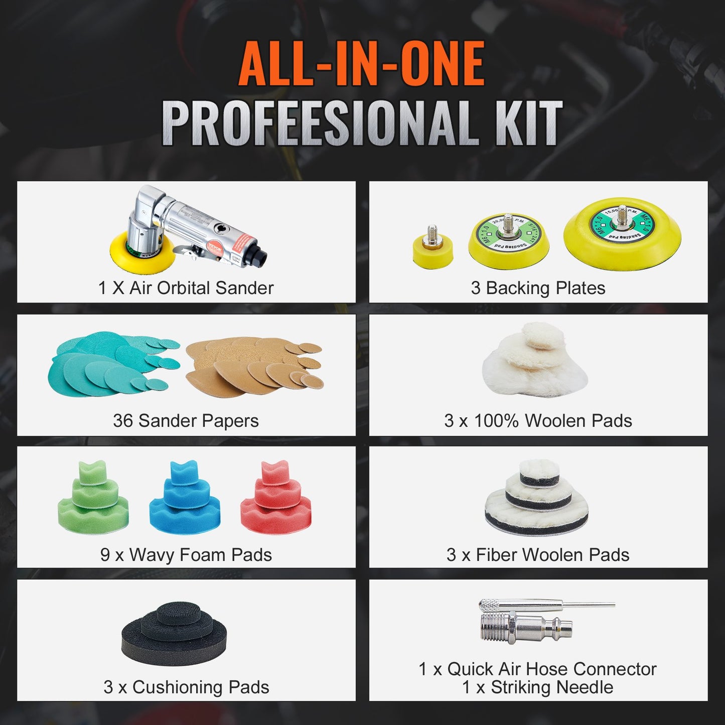 Miniluftslip, 2,5/5,1/7,6 cm excenterluftslip, 15000 r/min höghastighets mini pneumatisk slip och polermaskin för bilkarosseri, 58 delar luftdriven slipmaskin med vågiga svampar, sandpapper, ullrondell