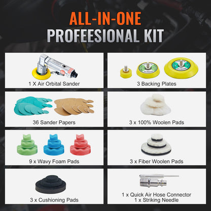 Miniluftslip, 2,5/5,1/7,6 cm excenterluftslip, 15000 r/min höghastighets mini pneumatisk slip och polermaskin för bilkarosseri, 58 delar luftdriven slipmaskin med vågiga svampar, sandpapper, ullrondell