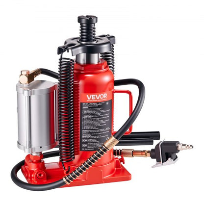 Lufthydraulisk flaskdomkraft, 20 tons lastkapacitet, 260-495 mm lyftområde, pneumatisk/manuell kraftig svetsad flaskdomkraft med pump för bil, pickup, lastbil, husbil, SUV, bilreparation, huslyft, röd