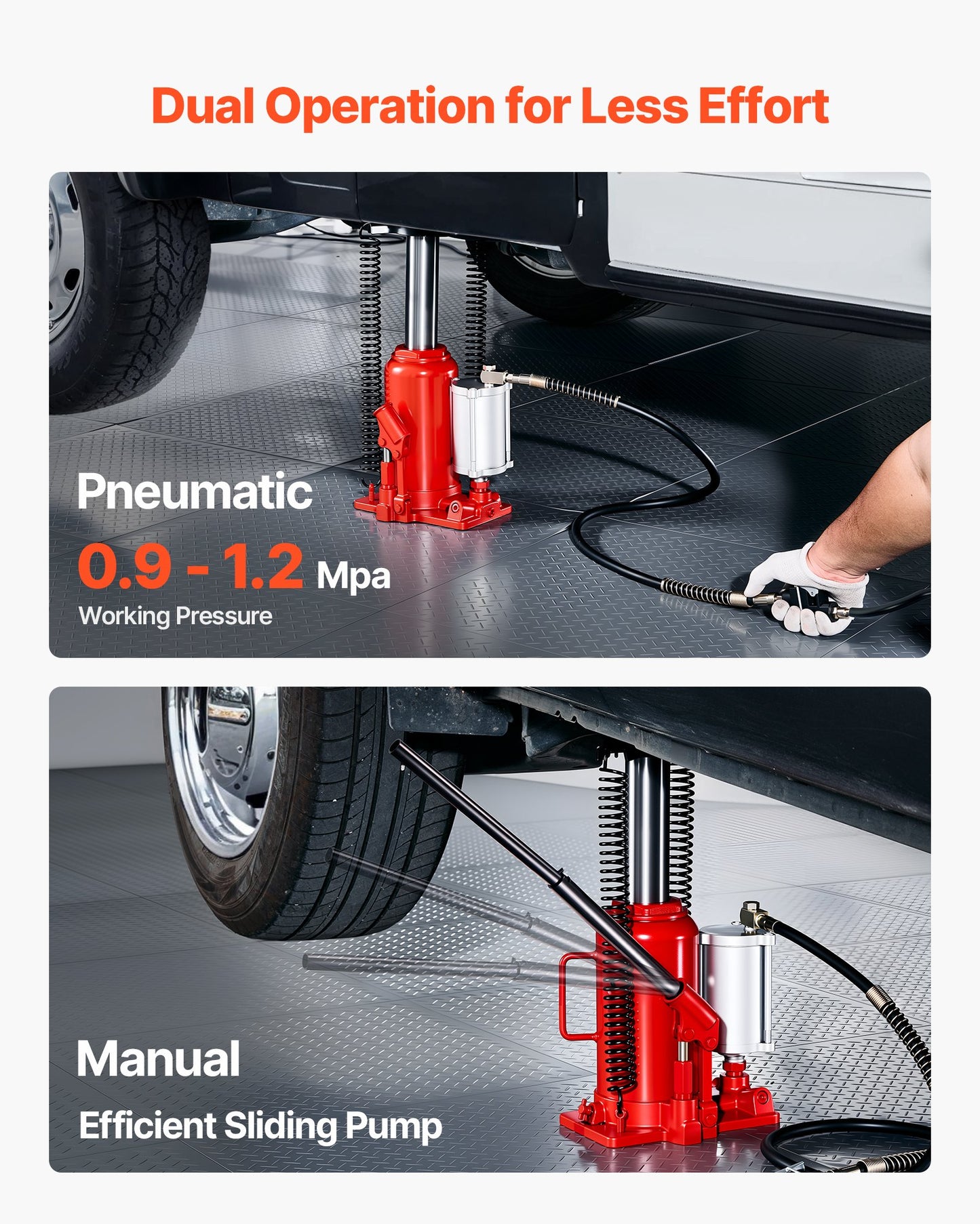Lufthydraulisk flaskdomkraft, 20 tons lastkapacitet, 260-495 mm lyftområde, pneumatisk/manuell kraftig svetsad flaskdomkraft med pump för bil, pickup, lastbil, husbil, SUV, bilreparation, huslyft, röd