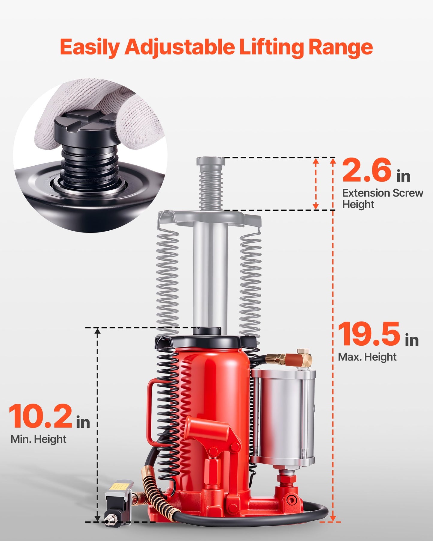 Lufthydraulisk flaskdomkraft, 20 tons lastkapacitet, 260-495 mm lyftområde, pneumatisk/manuell kraftig svetsad flaskdomkraft med pump för bil, pickup, lastbil, husbil, SUV, bilreparation, huslyft, röd