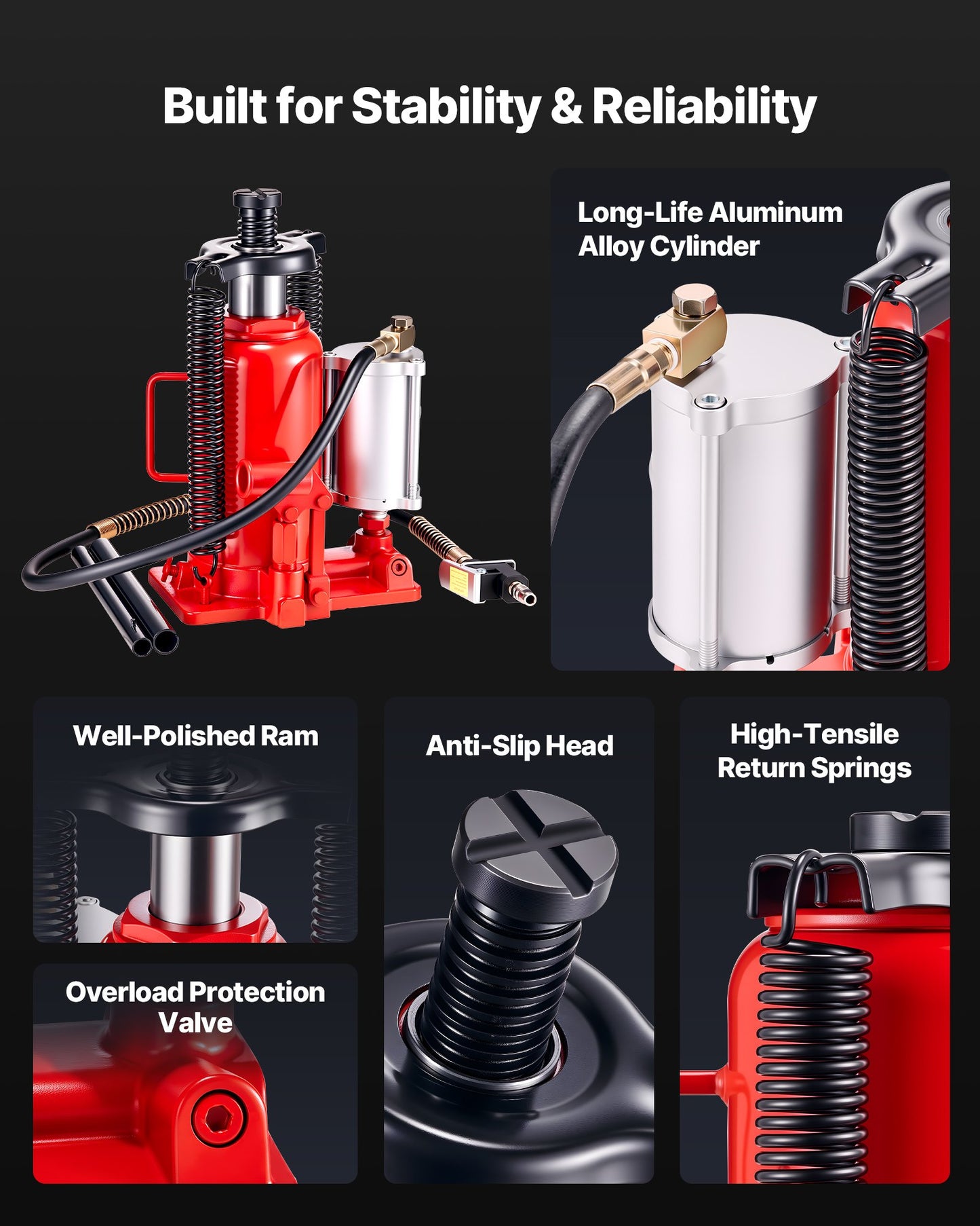 Lufthydraulisk flaskdomkraft, 20 tons lastkapacitet, 260-495 mm lyftområde, pneumatisk/manuell kraftig svetsad flaskdomkraft med pump för bil, pickup, lastbil, husbil, SUV, bilreparation, huslyft, röd