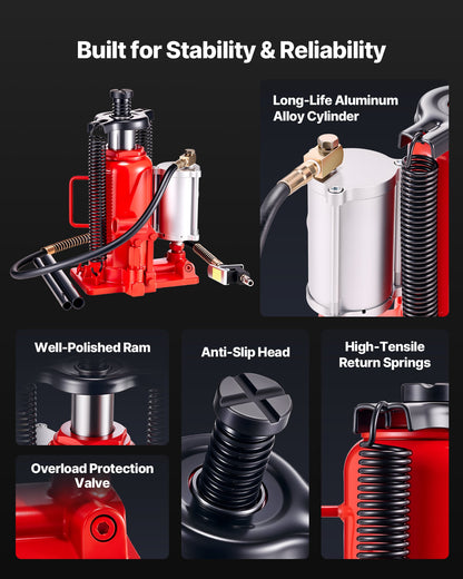 Lufthydraulisk flaskdomkraft, 20 tons lastkapacitet, 260-495 mm lyftområde, pneumatisk/manuell kraftig svetsad flaskdomkraft med pump för bil, pickup, lastbil, husbil, SUV, bilreparation, huslyft, röd