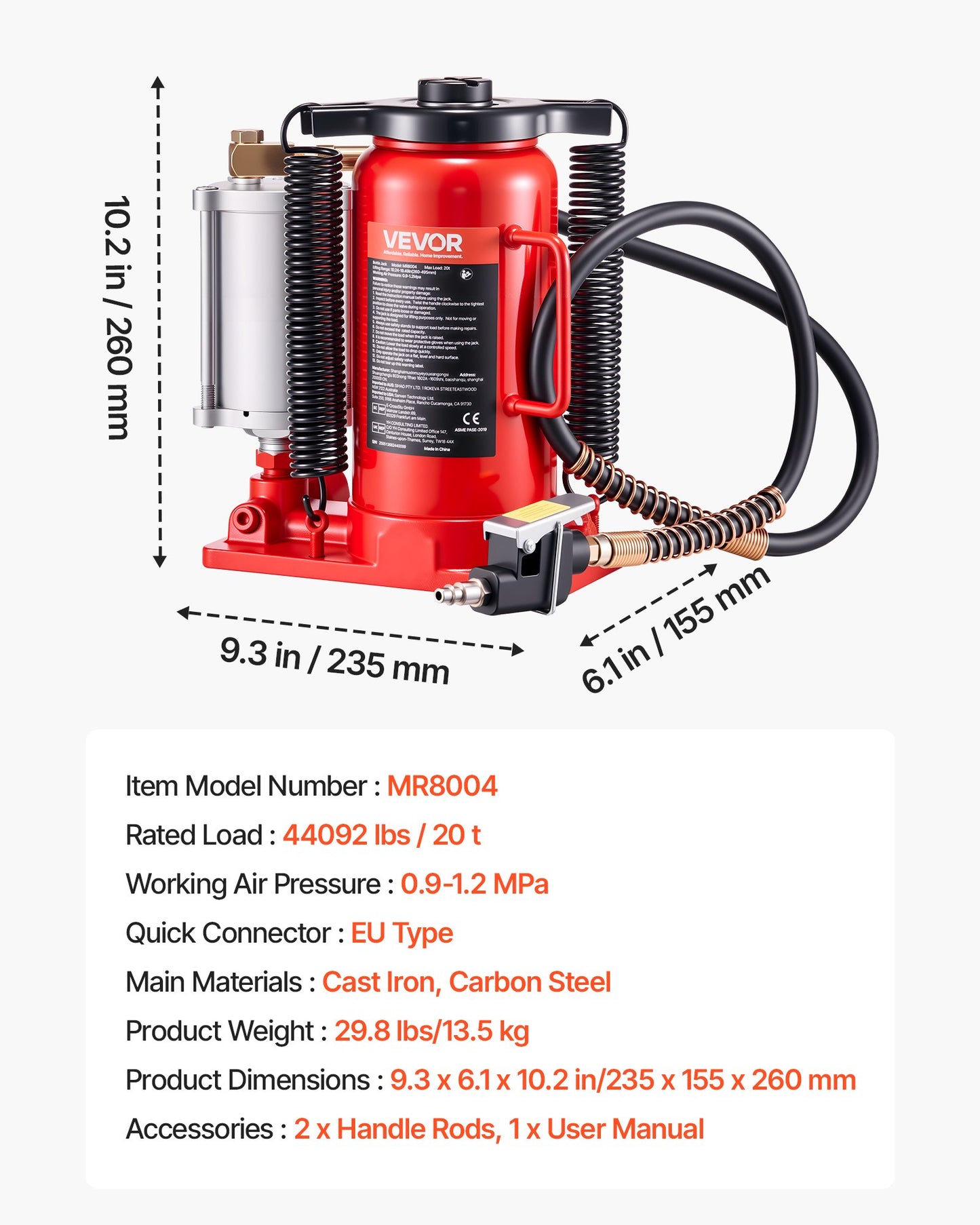 Lufthydraulisk flaskdomkraft, 20 tons lastkapacitet, 260-495 mm lyftområde, pneumatisk/manuell kraftig svetsad flaskdomkraft med pump för bil, pickup, lastbil, husbil, SUV, bilreparation, huslyft, röd