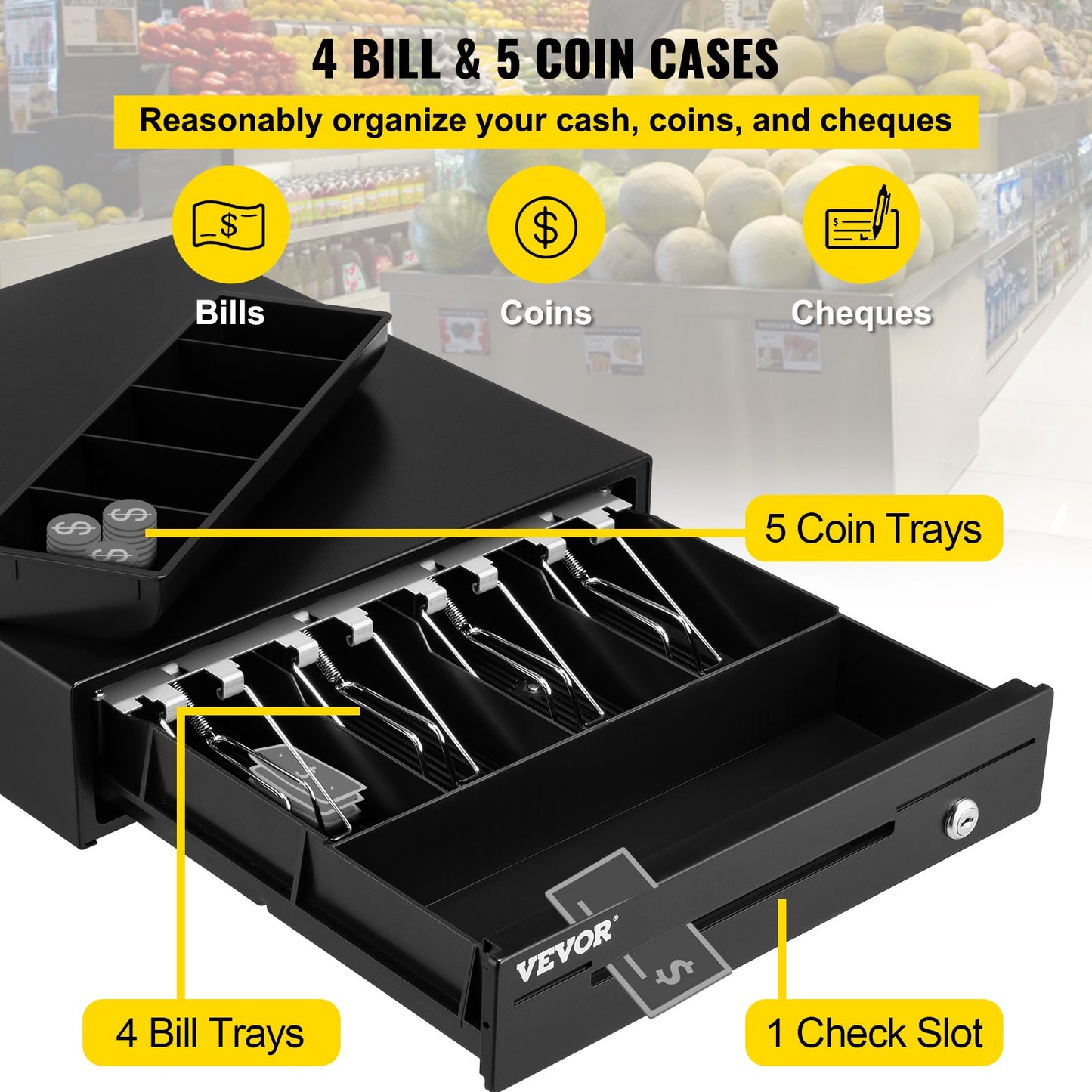 Cash Register Drawer, 33 cm 12 V, for POS System with 4 Bill 5 Coin Cash Tray, Removable Coin Compartment & 2 Keys Included, RJ11/RJ12 Cable for Supermarket, Bar, Coffee Shop, Restaurant