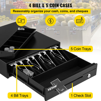 Cash Register Drawer, 33 cm 12 V, for POS System with 4 Bill 5 Coin Cash Tray, Removable Coin Compartment & 2 Keys Included, RJ11/RJ12 Cable for Supermarket, Bar, Coffee Shop, Restaurant