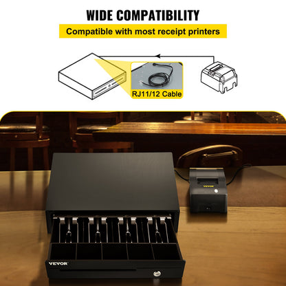 Cash Register Drawer, 33 cm 12 V, for POS System with 4 Bill 5 Coin Cash Tray, Removable Coin Compartment & 2 Keys Included, RJ11/RJ12 Cable for Supermarket, Bar, Coffee Shop, Restaurant