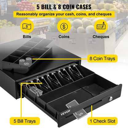 Cash Register Drawer, 40.6 cm 12 V, for POS System with 5 Bill 8 Coin Cash Tray, Removable Coin Compartment & 2 Keys Included, RJ11/RJ12 Cable for Supermarket, Bar, Coffee Shop, Restaurant