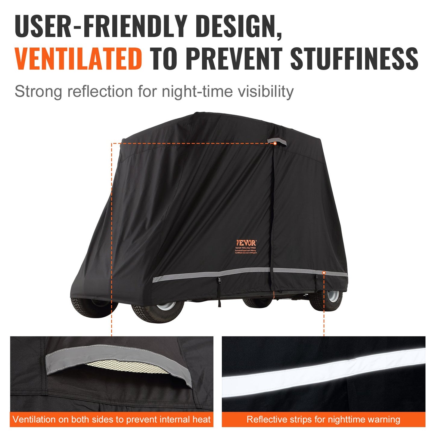 Golfbilsöverdrag för 2+2 passagerare, 600D polyester heltäckande, lämplig för 2+2 golfbilar, vattentätt, soltätt och dammtätt golfbilsöverdrag för utomhusbruk med tre dragkedjeförsedda dörrar, svart