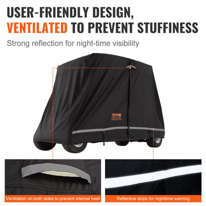 Golfbilsöverdrag för 2+2 passagerare, 600D polyester heltäckande, lämplig för 2+2 golfbilar, vattentätt, soltätt och dammtätt golfbilsöverdrag för utomhusbruk med tre dragkedjeförsedda dörrar, svart