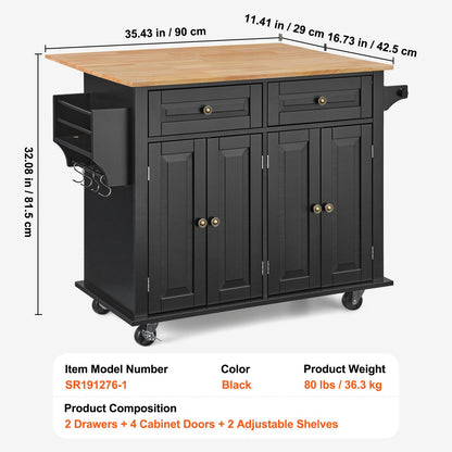 Kitchen Island Cart, 43" Wood Top Mobile Carts with Storage Cabinet, Rolling Table with Drop Leaf, Spice Rack, Towel Bar, Adjustable Shelf, Drawer, and Hooks, Portable Islands on Wheels, Black