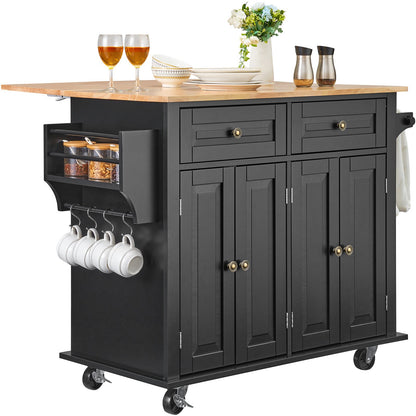 Kitchen Island Cart, 43" Wood Top Mobile Carts with Storage Cabinet, Rolling Table with Drop Leaf, Spice Rack, Towel Bar, Adjustable Shelf, Drawer, and Hooks, Portable Islands on Wheels, Black