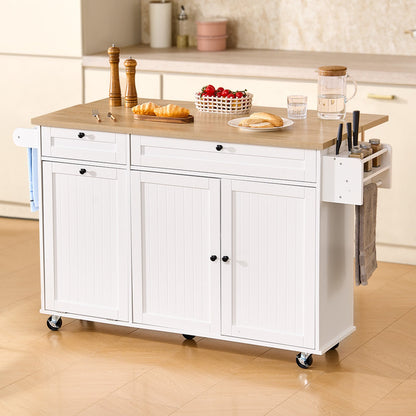 Kitchen Island Cart with Storage, 153 cm Wide Mobile Kitchen Cart with Wheels, Drop Leaf, 2 Drawers, Trash Can Cabinet, Knife Holder, Spice Rack, and Towel Rack, Table for Dining Room, Pantry