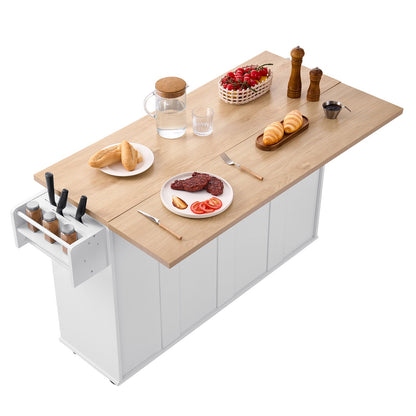 Kitchen Island Cart with Storage, 153 cm Wide Mobile Kitchen Cart with Wheels, Drop Leaf, 2 Drawers, Trash Can Cabinet, Knife Holder, Spice Rack, and Towel Rack, Table for Dining Room, Pantry