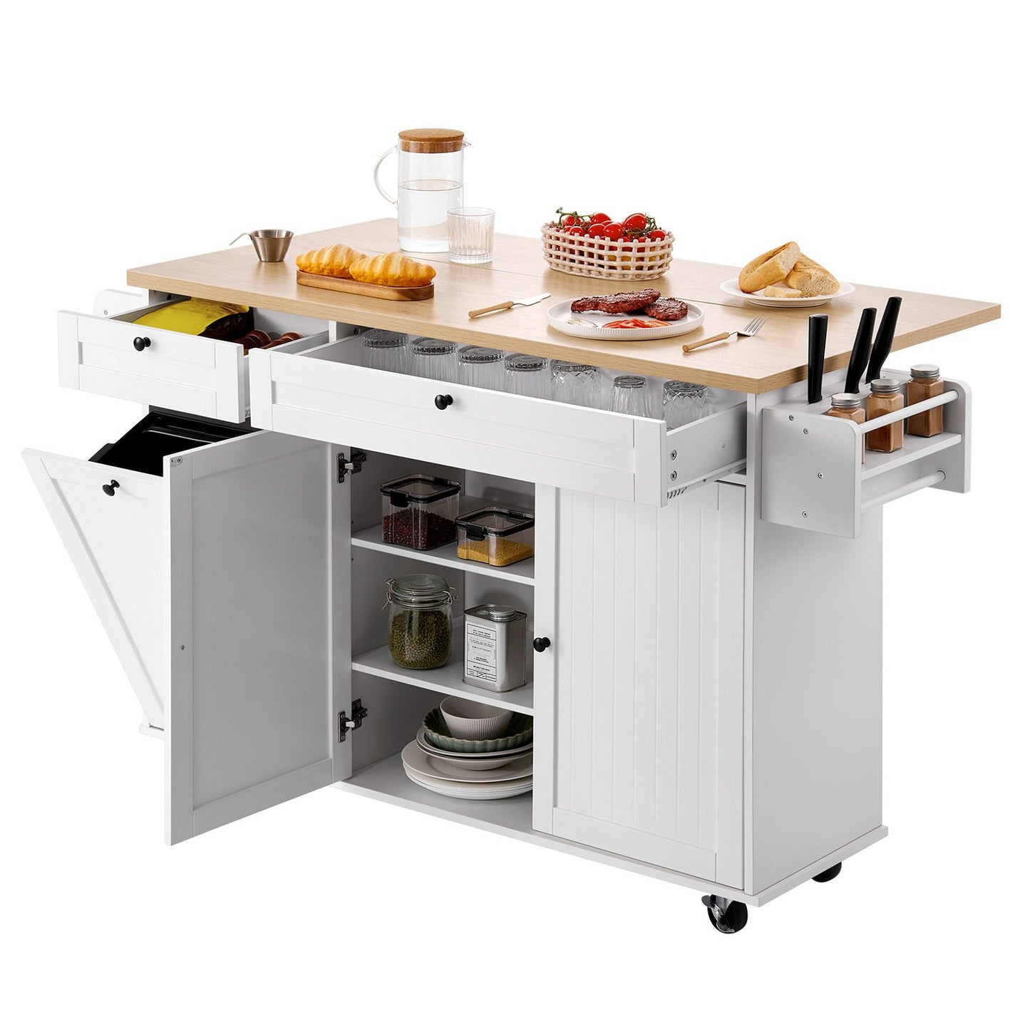 Kitchen Island Cart with Storage, 153 cm Wide Mobile Kitchen Cart with Wheels, Drop Leaf, 2 Drawers, Trash Can Cabinet, Knife Holder, Spice Rack, and Towel Rack, Table for Dining Room, Pantry