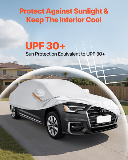 Bilskydd, Vattentätt bilskydd för europeiska sedanmodeller i full storlek, Skräddarsytt allvädersskydd för sol, regn, vind, damm, snö, komplett utvändigt skydd med dragkedja i dörren och bomullsfoder, Silver