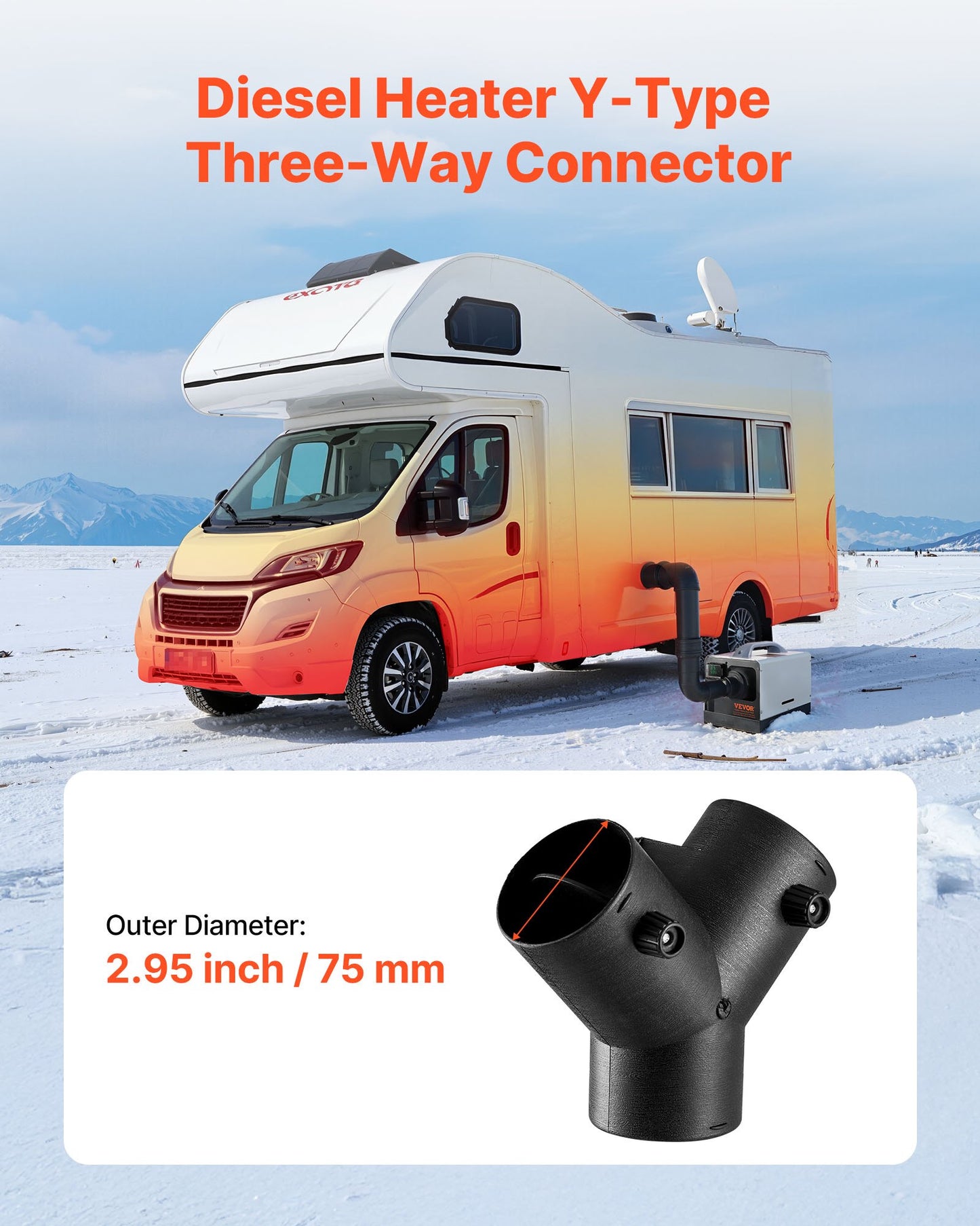 Dieselvärmarkontakt, 75 mm tillbehör till dieselvärmarkanalkoppling, 3-vägs Y-grenad dieselvärmare, luftventilationskanal med 2 90° roterbara ventiler, svarta kopplingar för 2KW, 5KW och 8KW värmare